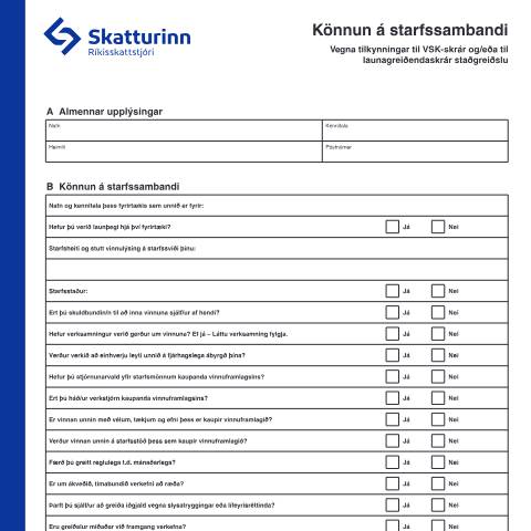 Document preview: Könnun á starfssambandi, vegna tilkynningar til VSK-skrár og/eða til launagreiðendaskrár staðgreiðslu. — Einstaklingar, Ísland (CERFA n°RSK 10.31)