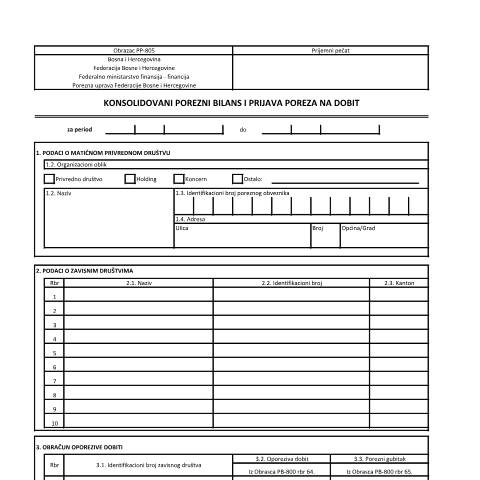 Document preview: KONSOLIDOVANI POREZNI BILANS I PRIJAVA POREZA NA DOBIT — Obrazac | Pravno lice | Porez na dobit, Bosna i Hercegovina (CERFA n°PP-805)