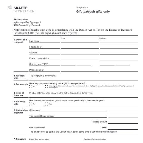 Document preview: Gift tax/cash gifts only — 07 Tax: gift tax and pension, Danmark (CERFA n°07.016)