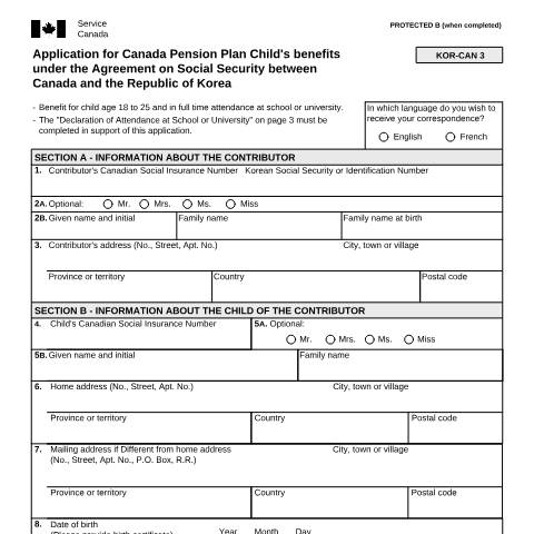 Document preview: Korea/Canada Agreement - Application for CPP Child's Benefits — Income Security Programs, Canada (CERFA n°ISP5055-KOR)