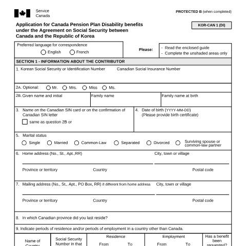 Document preview: Korea/Canada Agreement - Application for CPP Disability Benefits — Income Security Programs, Canada (CERFA n°ISP5053-KOR)