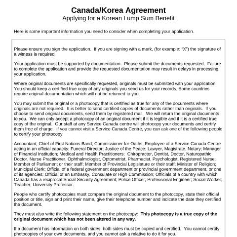 Document preview: Korea/Canada Agreement - Application for Korean Lump Sum payment — Income Security Programs, Canada (CERFA n°CAN-KOR_1_(LS))