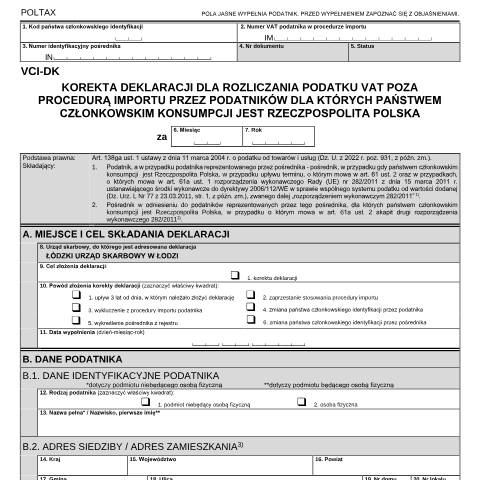Document preview: Korekta deklaracji dla rozliczania podatku VAT poza procedurą importu przez podatników dla których państwem członkowskim konsumpcji jest Rzeczpospolita Polska — VAT, Polska (CERFA n°VCI-DK)