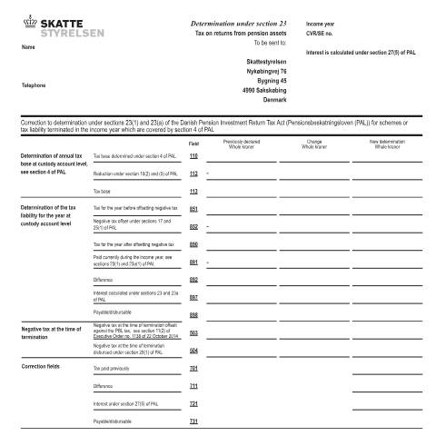 Document preview: Correction to determination under sections 23(1) and 23(a) of the Danish Pension Investment Return Tax Act (pensionsafkastbeskatningsloven (PAL)) for schemes or tax liability terminated in the income year which are covered by section 4 of PAL — 07 Tax: gift tax and pension, Danmark (CERFA n°07.074)