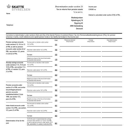 Document preview: Correction to determination under sections 23(2) and 23a of the Danish Pension Investment Return Tax Act (pensionsbeskatningsloven (PAL)) for pension schemes in banks, credit institutions and capital pension funds or tax liability terminated in the income — 07 Tax: gift tax and pension, Danmark (CERFA n°07.073)