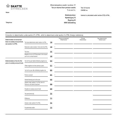 Document preview: Correction to section 21 of PAL, which is determined under section 4 of PAL (foreign institutions), 07.067 K EN — 07 Tax: gift tax and pension, Danmark (CERFA n°07.067K)