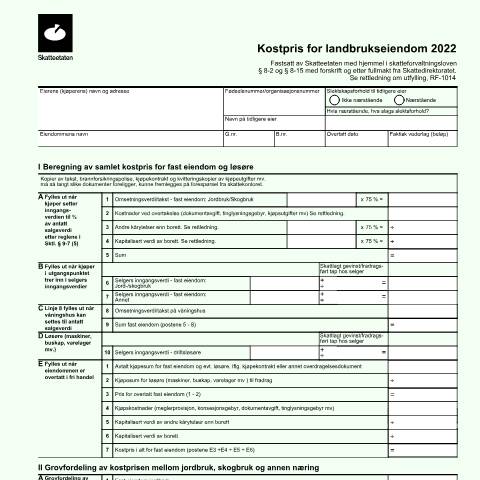 Document preview: Cost price for agricultural property (DISCONTINUED) — Skatteetaten / Forms, Norge (CERFA n°RF-1013)