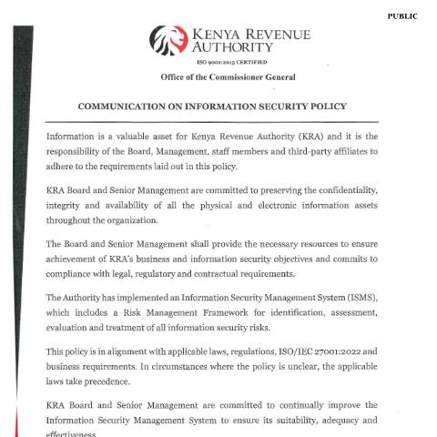 Document preview: KRA Information Security Policy — Form, Kenya (CERFA n°KRA-Information-Security-Policy)
