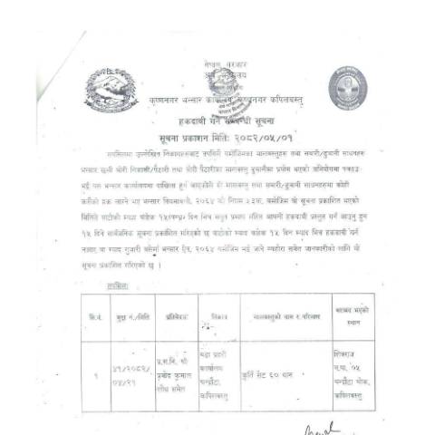 Document preview: कृष्णनगर भन्सार कार्यालयको हकदावी गर्ने सम्बन्धी सूचना २०८२-०५-०१ — customs_form, नेपाल (CERFA n°कृष्णनगर भन्सार कार्यालयको हकदावी गर्ने सम्बन्धी सूचना २०८२ ०५ ०१ w82hzqo)