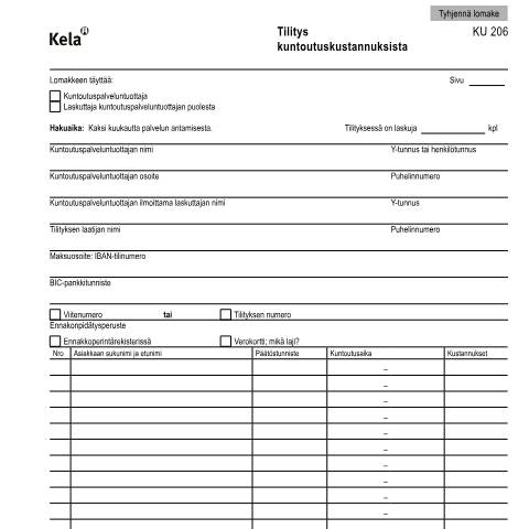Document preview: Tilitys kuntoutuskustannuksista — Kuntoutus, Suomi (CERFA n°Kela KU 206)