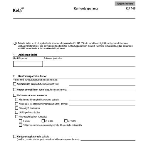 Document preview: Kuntoutuspalaute KU 148 — Kuntoutus, Suomi (CERFA n°Kela KU 148)