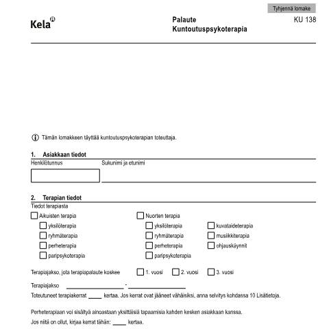 Document preview: Palaute - Kuntoutuspsykoterapia — Kuntoutus, Suomi (CERFA n°Kela KU 138)