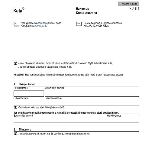 Document preview: Hakemus - Kuntoutusraha — Kuntoutus, Suomi (CERFA n°Kela KU 112)