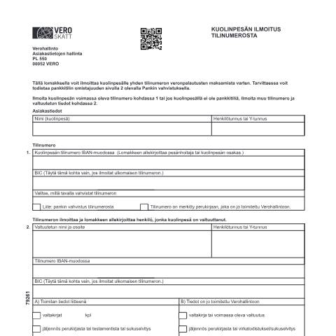 Document preview: Kuolinpesän ilmoitus tilinumerosta (7926) — Kuolinpesän ilmoitus tilinumerosta (7926), Suomi (CERFA n°Vero 7926)