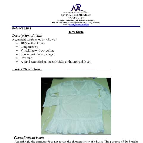Document preview: Classification of Kurta (ARC) — Document, Mauritius (CERFA n°Kurta01)