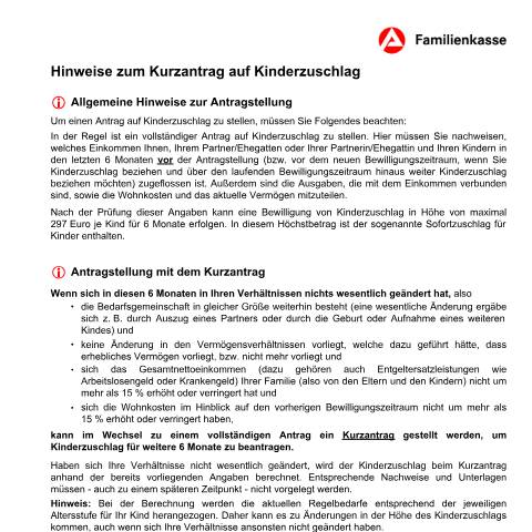 Dokumentvorschau: kiz1-k_ba034985 — Öffnet in neuem Tab Kurzantrag auf Kinderzuschlag bei unveränderten Verhältnissen (KiZ 1-K) Kurzantrag, wenn sich die Verhältnisse (zum Beispiel Einnahmen, Ausgaben, Wohnkosten) im Vergleich zum letzten Antrag nicht wesentlich geändert haben. Nur im Wechsel mit dem normalen „Antrag auf Kinderzuschlag“ zu verwenden pdf | 1.36 MB | barrierefrei — Familienkasse/kiz1, Deutschland (CERFA n°kiz1-k_ba034985)