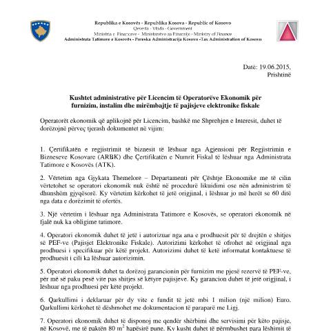 Document preview: Kushtet administrative për Licencim të Operatorëve Ekonomik për furnizim, instalim dhe mirëmbajtje të pajisjeve elektronike — Kushtet Administrative Per Autorizim, Kosovë