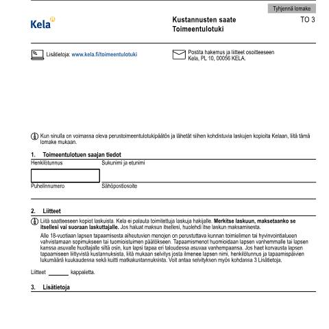 Document preview: Kustannusten saate - Toimeentulotuki — Toimeentulotuki, Suomi (CERFA n°Kela TO 3)