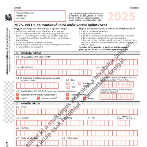 Dokumentvorschau: L1-HU — 2025. évi L1-es munkavállalói adókivetési nyilatkozat — Steuern, Österreich (CERFA n°L1-HU)