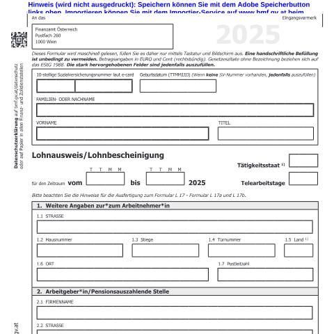 Dokumentvorschau: L17 — Lohnausweis/Lohnbescheinigung (2025) — Steuern, Österreich (CERFA n°L17)