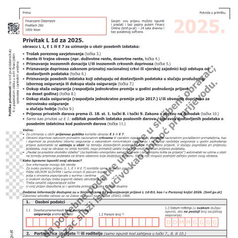 Dokumentvorschau: L1d-HR — Privitak L 1d za 2025. obrascu L 1, E 1 ili E 7 za uzimanje u obzir posebnih izdataka: — Steuern, Österreich (CERFA n°L1d-HR)