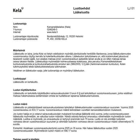 Document preview: Luottoehdot - Lääkeluotto — Sairastaminen, Suomi (CERFA n°Kela LJ 01)