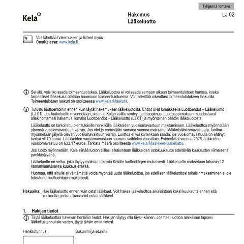 Document preview: Hakemus - Lääkeluotto — Sairastaminen, Suomi (CERFA n°Kela LJ 02)