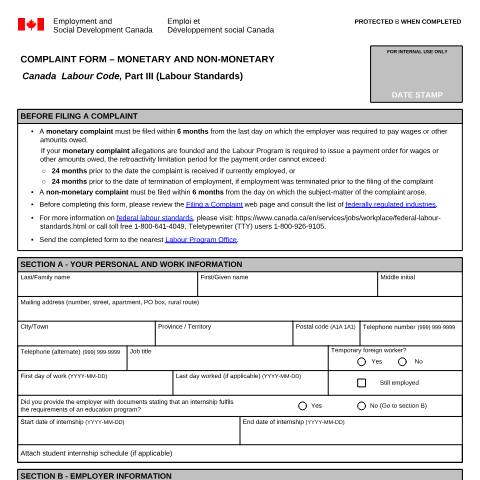 Document preview: Complaint Form – Monetary and Non-Monetary — Labour, Canada (CERFA n°LAB1189)