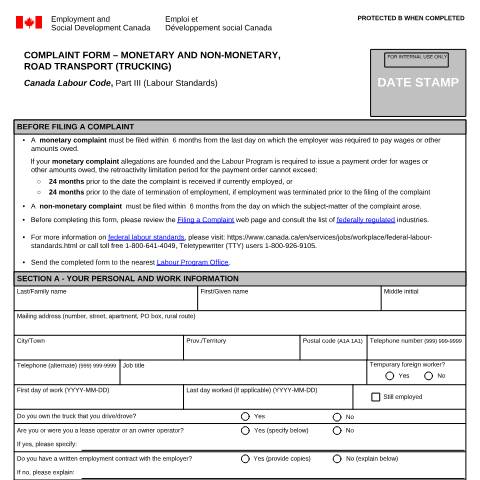 Document preview: Complaint Form - Monetary and Non-monetary, Road Transport (Trucking) — Labour, Canada (CERFA n°LAB1188)