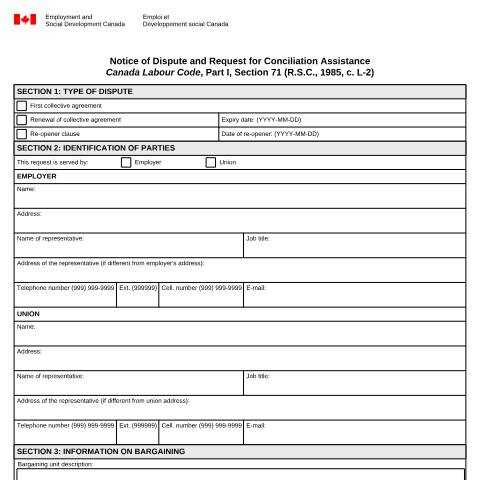 Document preview: Notice of Dispute and Request for Conciliation Assistance under the Canada Labour Code, Part 1, Section 71, (R.S.C., 1985, c. L-2) — Labour, Canada (CERFA n°LAB1179)