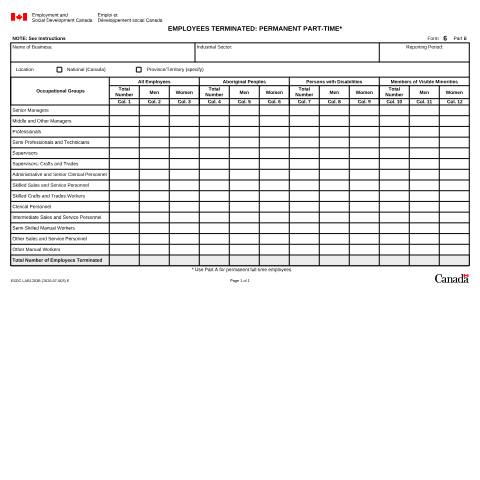 Document preview: Form 6B - Employees Terminated: Permanent Part-time (Employment Equity Forms 2021) — Labour, Canada (CERFA n°LAB1203B)