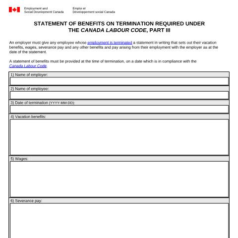 Document preview: Statement of Benefits on Termination required under the Canada Labour Code, Part III — Labour, Canada (CERFA n°LAB1214)