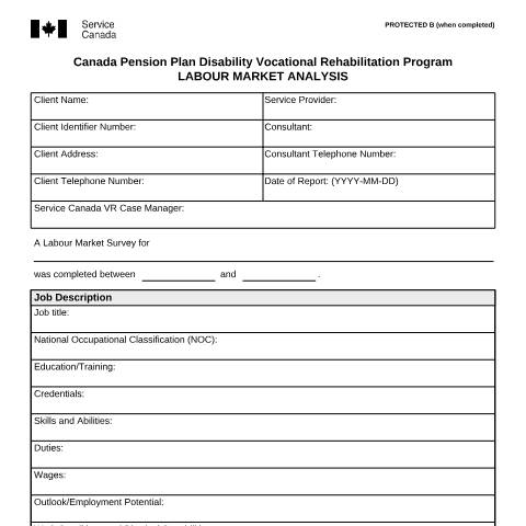 Document preview: Labor Market Analysis - Canada Pension Plan Disability Vocational Rehabilitation Program — Income Security Programs, Canada (CERFA n°ISP2593)