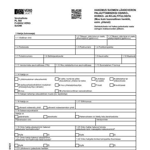 Document preview: Lähdeveron palautushakemus – ulkomaiset yhteisöt (6163, 6167 ja 6165) — Lähdeveron palauttamishakemus – ulkomaiset yhteisöt (6163, 6167 ja 6165), Suomi