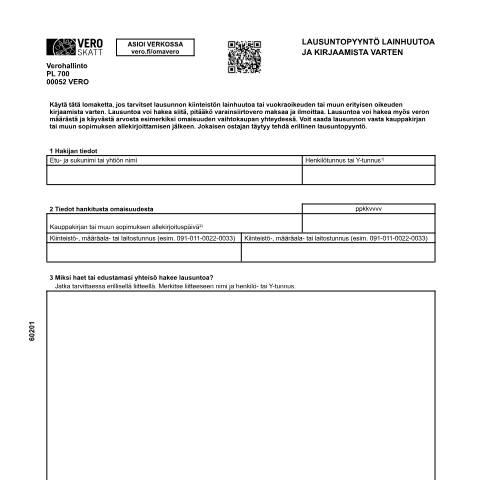 Document preview: Lausuntopyyntö lainhuutoa ja kirjaamista varten (6020) — Lausuntopyyntö lainhuutoa ja kirjaamista varten (6020), Suomi (CERFA n°Vero 6020)