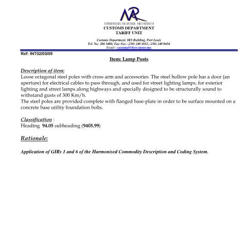 Document preview: Classification of Lamp Post — Document, Mauritius (CERFA n°LampPost)