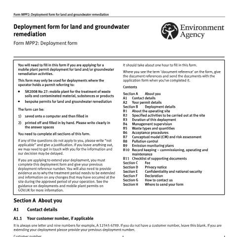 Document preview: Land and groundwater remediation deployment form — Environment Agency, United Kingdom