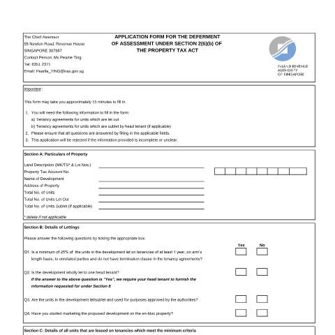 Document preview: Vacant Land or Development Site — IRAS / Vacant Land Or Development Site, Singapore (CERFA n°APPLICATION-FORM---LAND-ASSESSMENT-DEFERMENT(1))