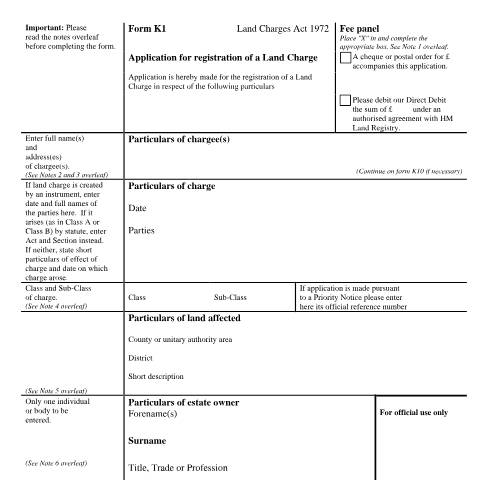Document preview: Land charge registration: application (K1) — HM Land Registry, United Kingdom