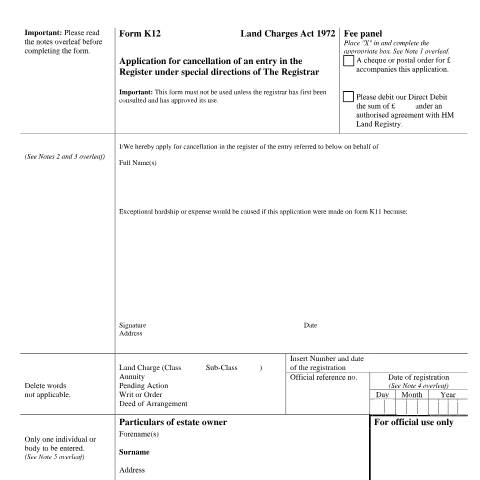 Document preview: Cancel an entry under special directions of The Registrar (K12) — HM Land Registry, United Kingdom