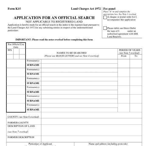 Document preview: Land Charges official search: application (K15) — HM Land Registry, United Kingdom