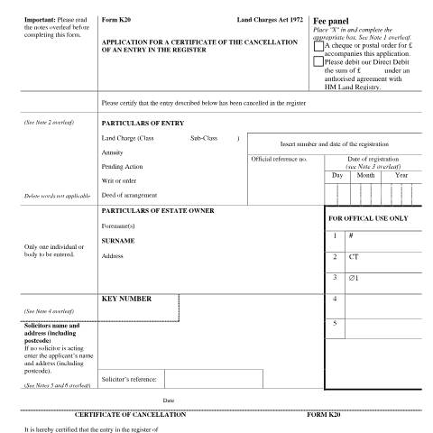 Document preview: Land Charges register: certificate of cancellation (K20) — HM Land Registry, United Kingdom
