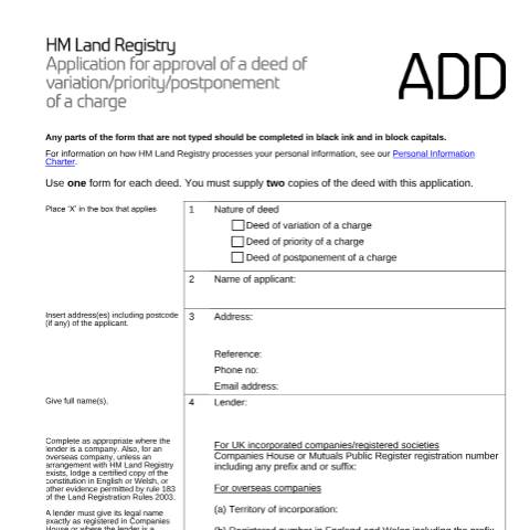 Document preview: Standard form of deed of variation/priority/postponement of a charge: approval (ADD) — HM Land Registry, United Kingdom