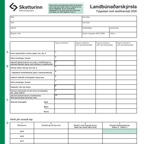 Document preview: Landbúnaðarskýrsla, fylgiskjal með skattframtali 2026. — Einstaklingar, Ísland (CERFA n°RSK 4.08)