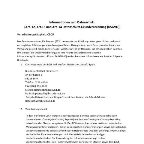 Dokumentvorschau: Country_by_Country_Reporting — BZSt/Informationen_zum_Datenschutz, Deutschland (CERFA n°Country_by_Country_Reporting)