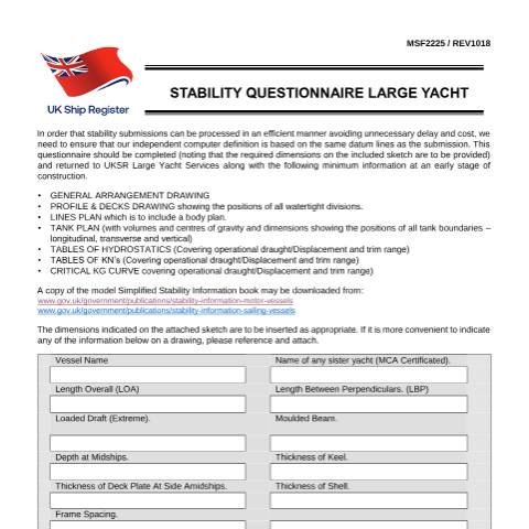 Document preview: Stability questionnaire, large yacht MSF 2225 — Maritime and Coastguard Agency, United Kingdom