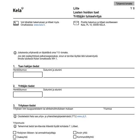 Document preview: Liite - Lastenhoidon tuet - Yrittäjän tuloselvitys — Lapsen syntymä ja hoito, Suomi (CERFA n°Kela Y 8)