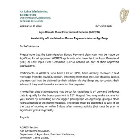 Document preview: ACRES - Information for Advisors — acres circular no132023 availability of late meadow bonus payment claim on agrisnap — Department of Agriculture, Food and the Marine, Ireland