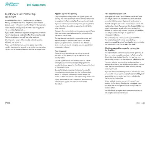 Document preview: Self Assessment: penalty for a late partnership return (SA356) — HM Revenue & Customs, United Kingdom