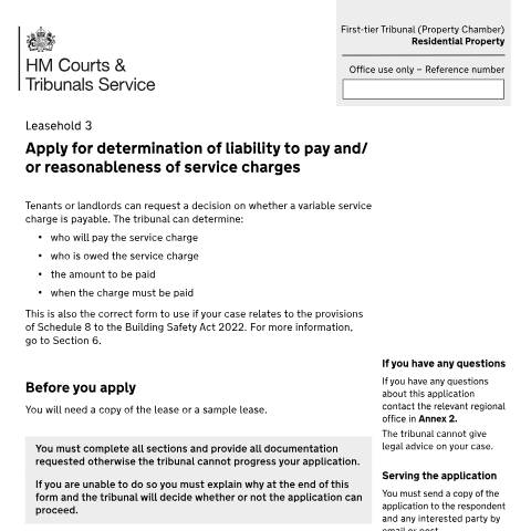 Document preview: Apply for a determination for service charges: Form Leasehold 3 — HM Courts & Tribunals Service, United Kingdom